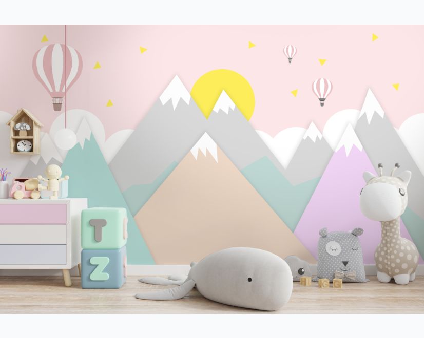 Pink Mountainscape and Hot Air Balloon Wallpaper Mural main product photo