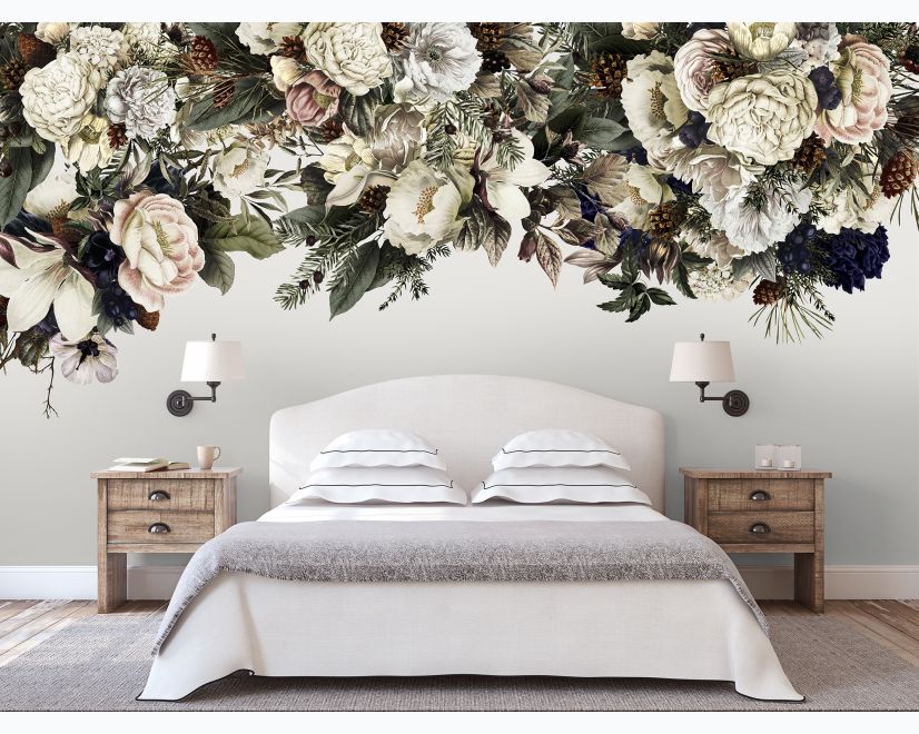 Retro Dark White Flowers Wallpaper Mural main product photo