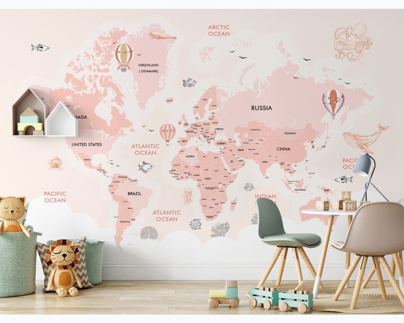 Kids Girls Cartoon Pink World Map Wallpaper Mural main product photo