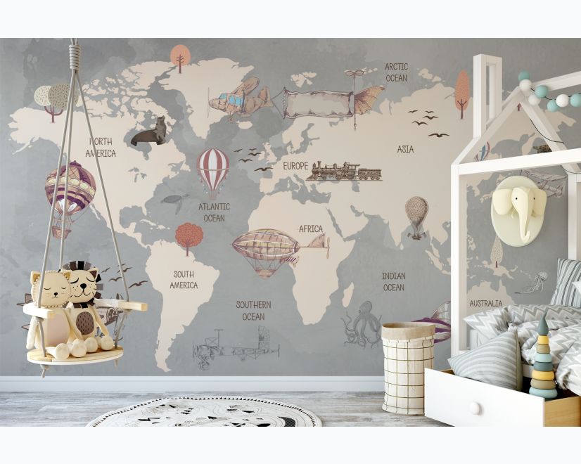 Vintage Kids World Map with Aircraft and Hot Air Balloon Wallpaper Mural main product photo