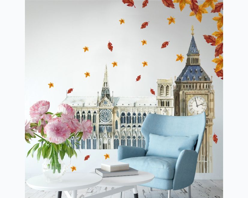 London Big Ben and Westminster with Autumn Leaves Wall Decal Sticker main product photo