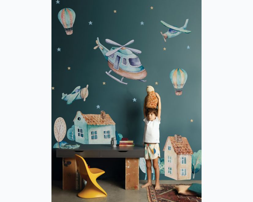 Kids Cartoon Village for Boys Watercolor Aircraft and Hot Air Balloon Wall Decal Sticker main product photo