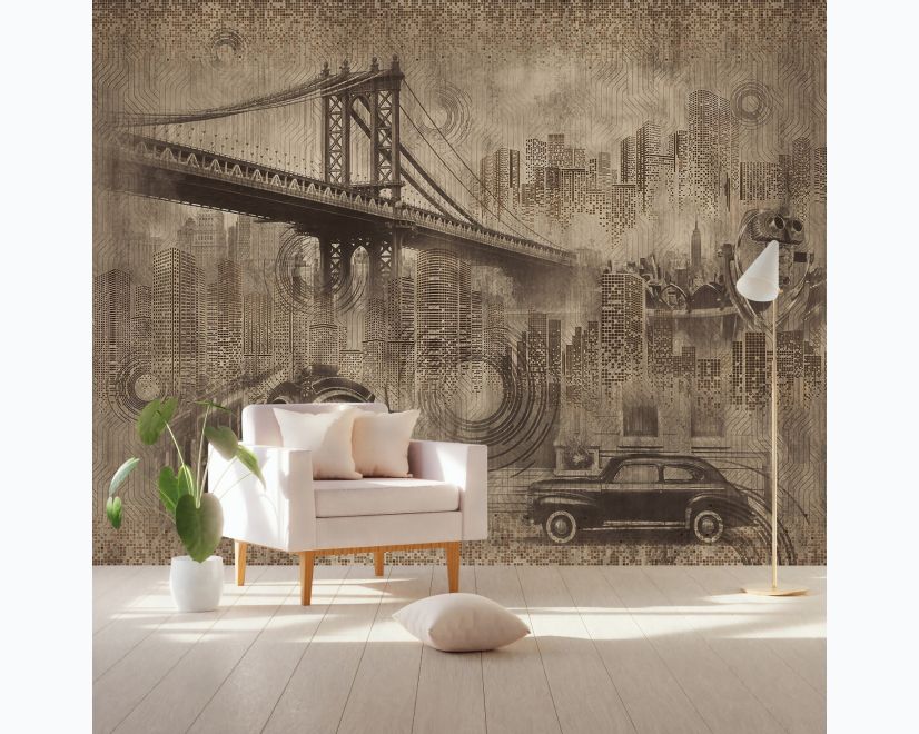 European Vintage City with Brooklyn Bridge Wallpaper Mural main product photo