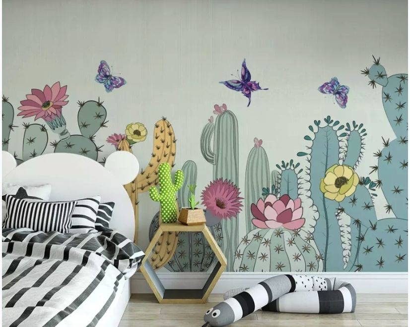 Watercolor Drawing Cactuses and Butterfly Wallpaper Mural main product photo