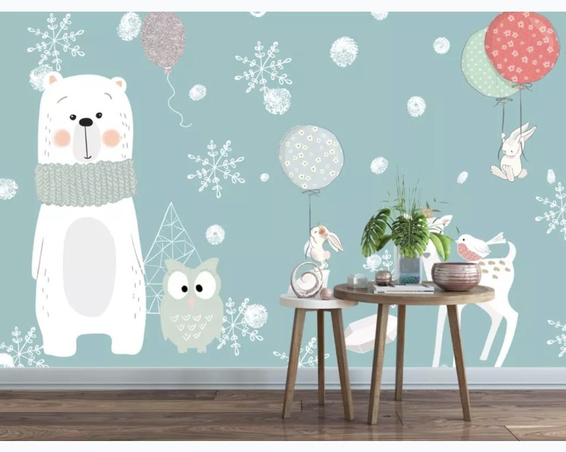 Cartoon Bear and Animal Friends with Snowflake Wallpaper Mural main product photo