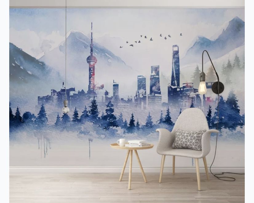 Watercolor Skyscraper Landscape Wallpaper Mural main product photo