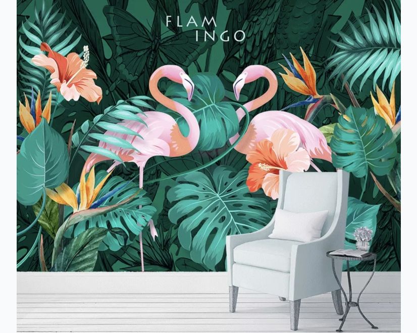 Coral and Pink Flamingo with Tropical Leafy Wallpaper Mural main product photo