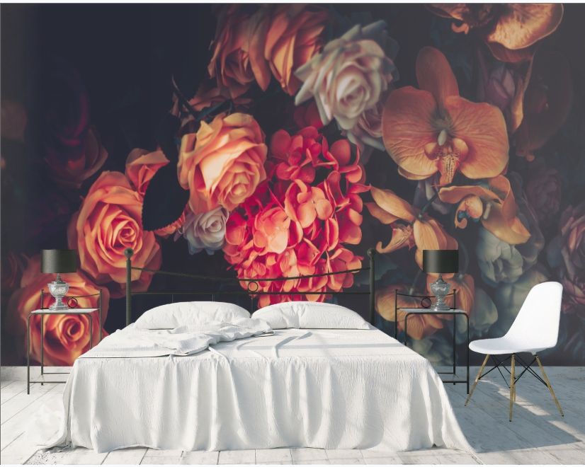 Red Hydrangea Orange Orchid Rose Dark Floral Bouqet Wallpaper Mural main product photo
