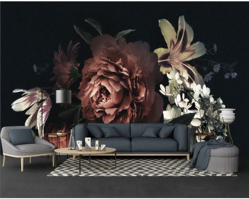Dark Floral Bouqet with Red Peony and Lily Wallpaper Mural main product photo