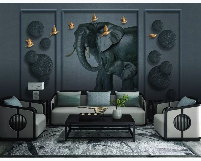 3D Embossed Look Dark Elephant and Birds Wallpaper Mural main product photo