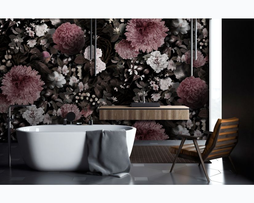 Dark Floral with Pink Chrysanthemum Wallpaper Mural main product photo