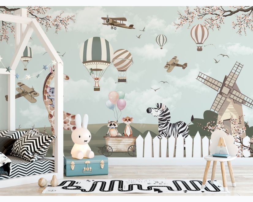 Kids Woodland Animals with Vintage Aircraft and Windmill Wallpaper Mural main product photo