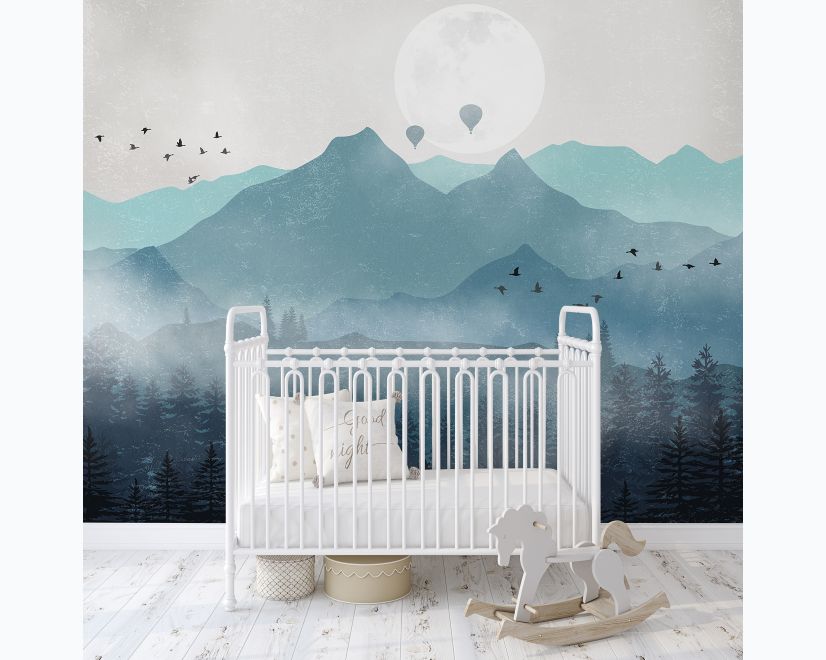 Misty Mountain Landscape with Moon Wallpaper Mural main product photo