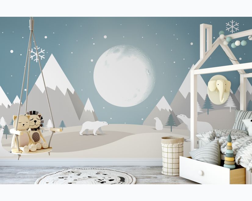 Kids Mountainscape with Fullmoon and White Bears Wallpaper Mural main product photo