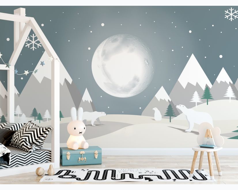 Kids Mountainscape with Cute Bear and Gray Skyscape Wallpaper Mural main product photo