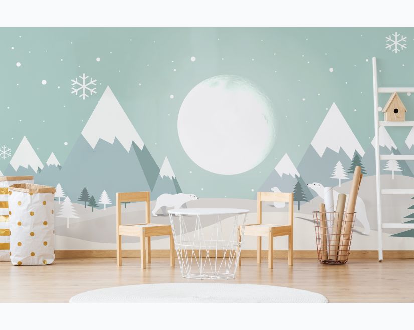 Kids Mountainscape with Cute Bear and Green Skyscape Wallpaper Mural main product photo