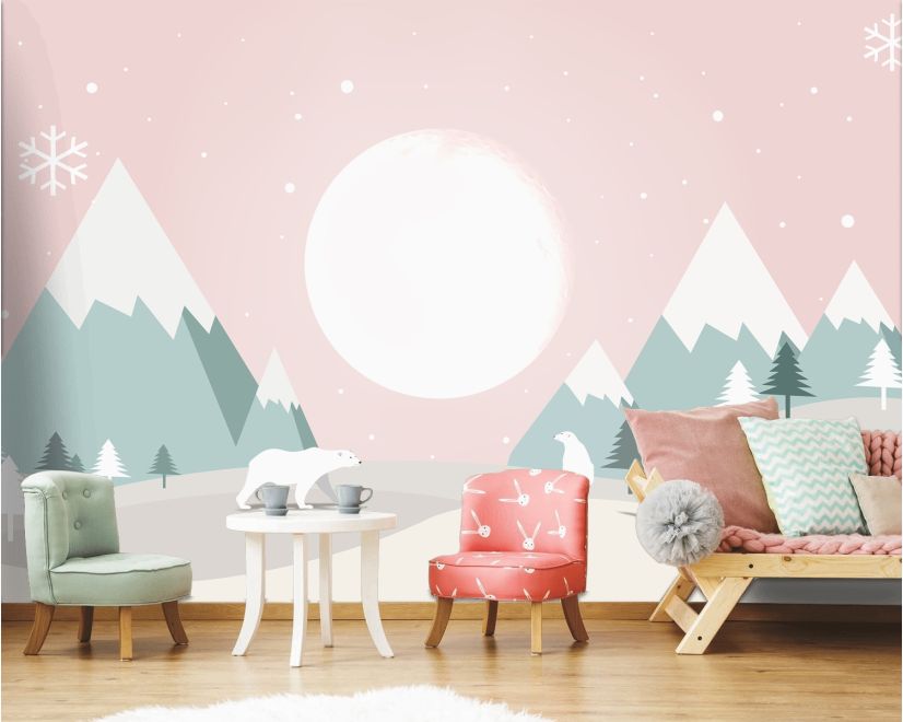 Kids Mountainscape with Cute Bears and Pink Skyscape Wallpaper Mural main product photo