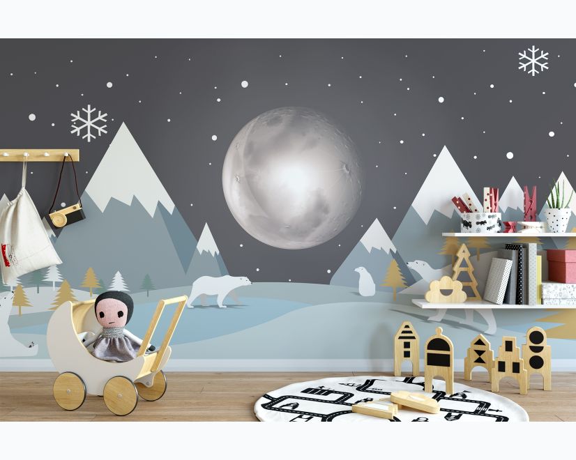 Kids Mountainscape with Cute Bears and Nightscape Wallpaper Mural main product photo