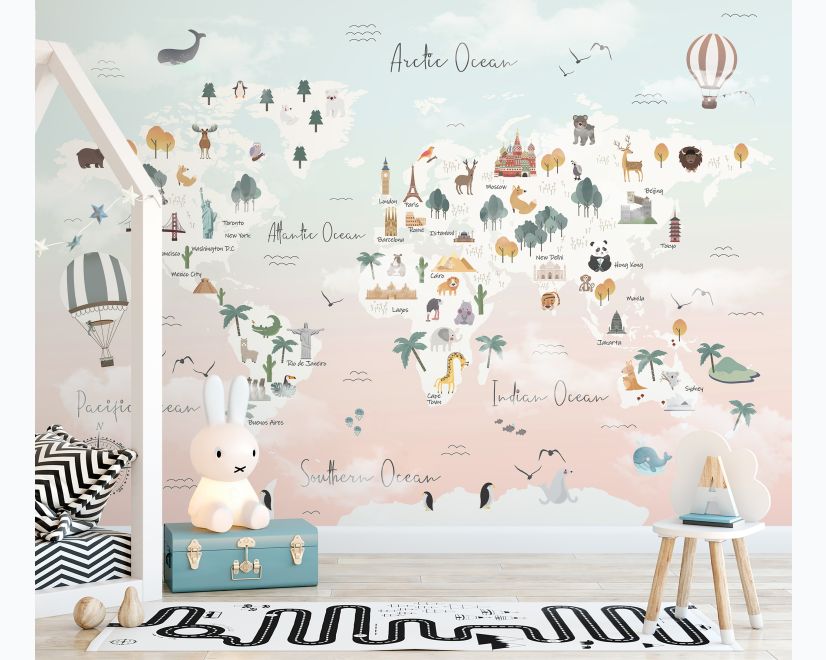 Kids Pink World Map with Cute Animals and Little Balloons Wallpaper Mural main product photo