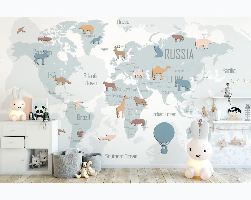 Kids Blue Political World Map with Colorful Animal Silhouette Wallpaper Mural main product photo