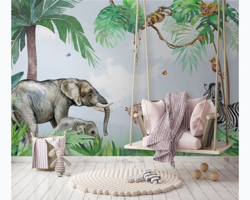Kids Tropical Forest with Cute Safari Animals Wallpaper Mural main product photo