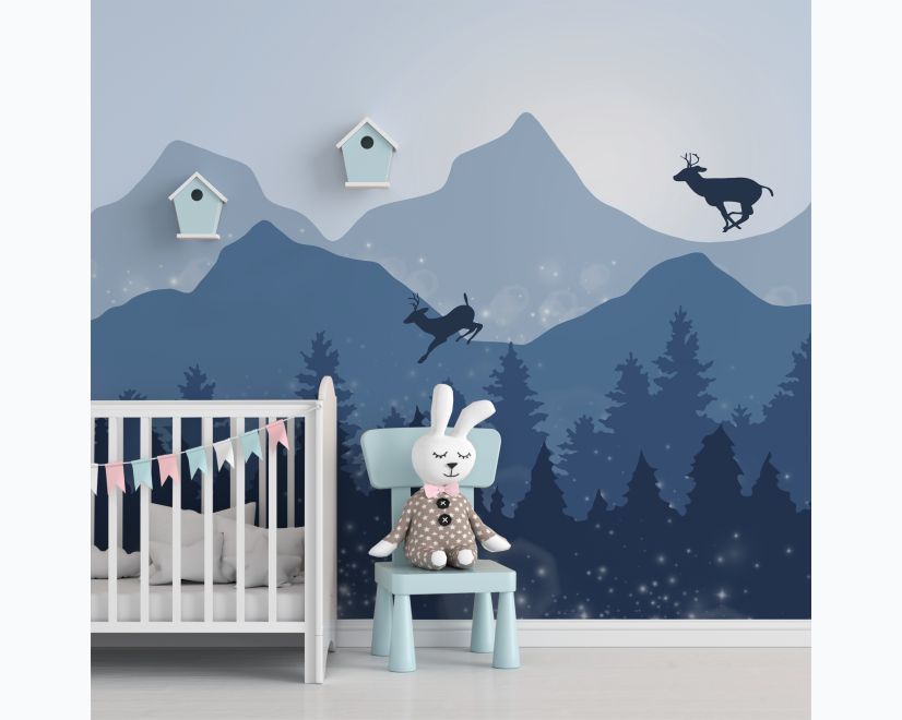 Monochrome Dark Blue Snowy Forest with Horned Deer Silhouette for Kids Nursery Wallpaper Mural main product photo