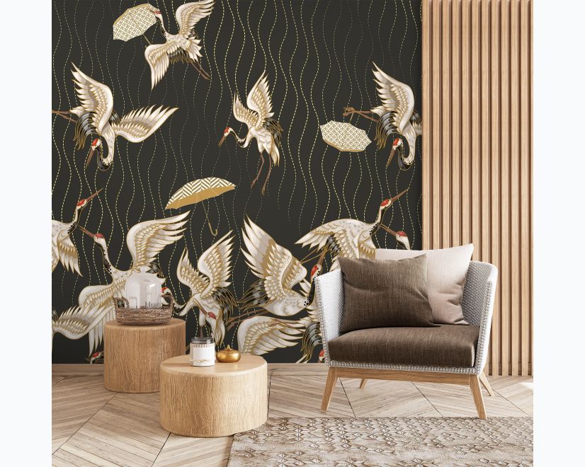 Gold Style Vintage Asian Crane Birds Wallpaper Mural main product photo