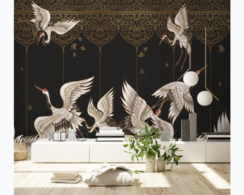 Asian Crane Birds and Gold Style Ornaments Wallpaper Mural main product photo