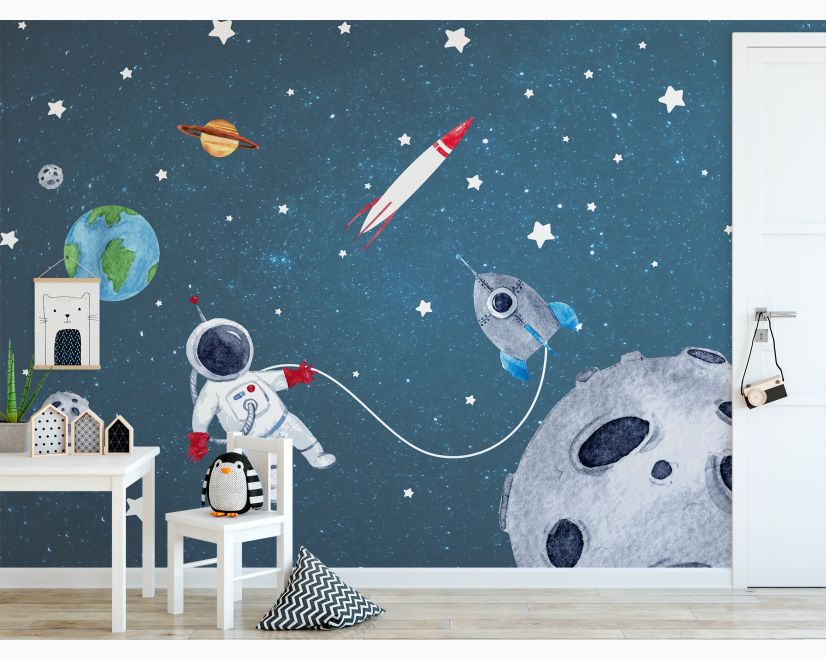 Watercolor Space with Astronaut and Meteor Wallpaper Mural main product photo