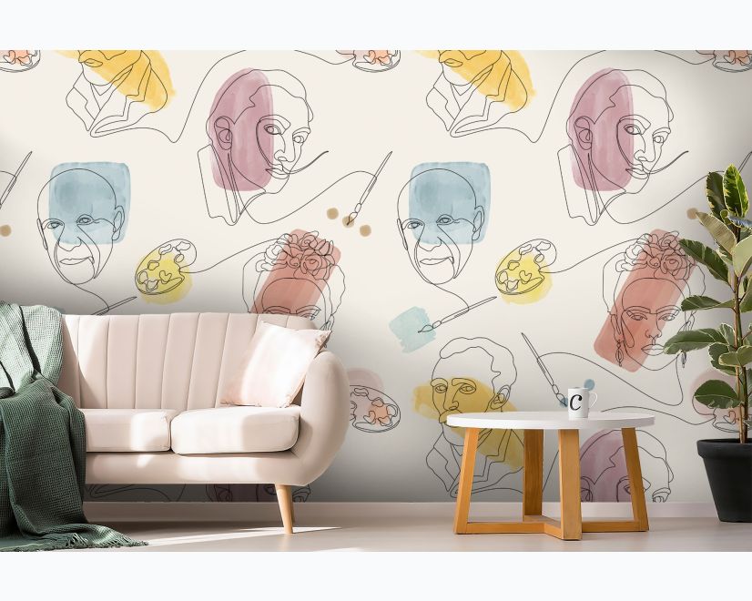 Artist Face Line Art with Colorful Abstract Brush Wallpaper Mural main product photo
