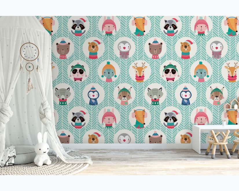 Kids Cute Winter Animals Pattern with Lines Wallpaper Mural main product photo