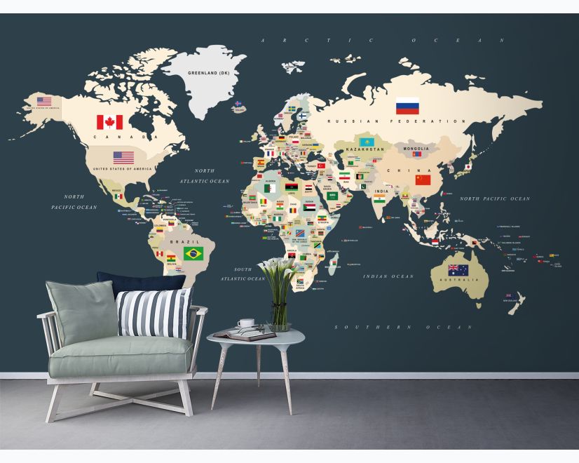 Political World Map with Country Flags Wallpaper Mural main product photo