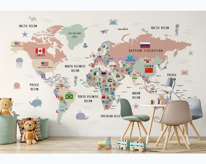 Kids Colorful World Map with Flags Map Wallpaper Mural main product photo