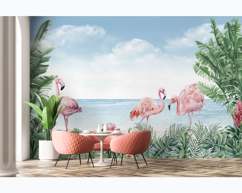 Tropical Landscape with Flamingos Wallpaper Mural main product photo
