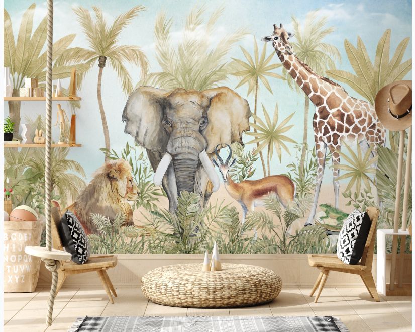 Watercolor Safari Animals in Forest Wallpaper Mural main product photo