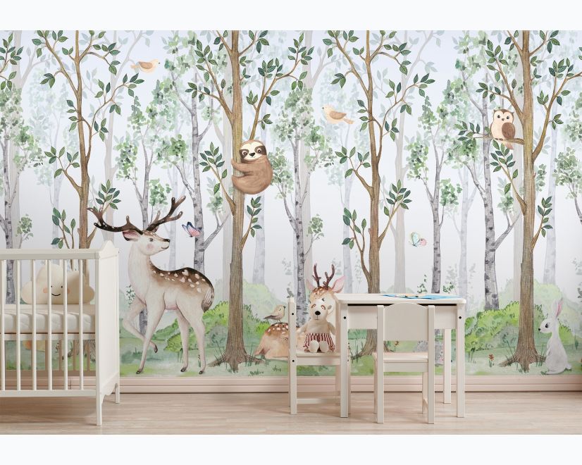 Cute Animals in the Forest Watercolor Kids Wallpaper Murals main product photo