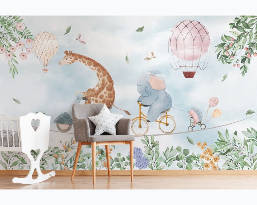 Kids Cycling Riding Cute Animals Wallpaper Mural main product photo