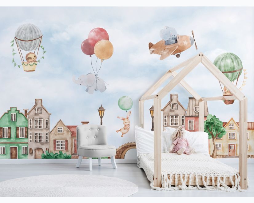 Watercolor Cute Houses with Flying Animals Wallpaper Mural for Kids main product photo