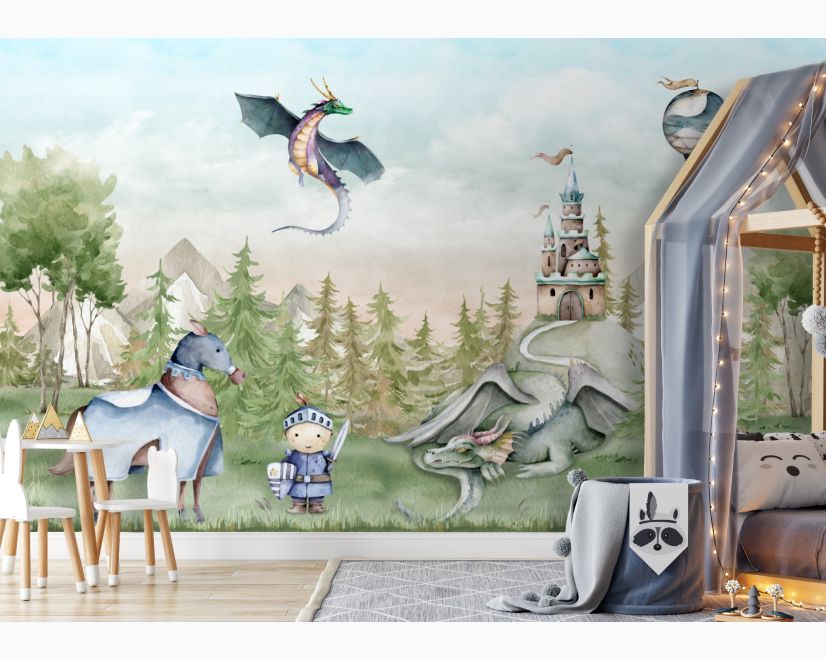 Kids Dragons Fairytale Cute Prince and Princess Wallpaper Mural main product photo