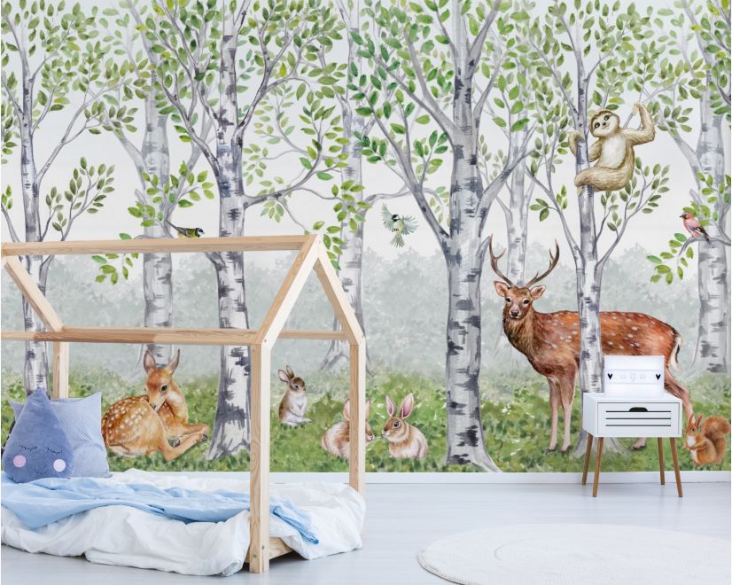 Kids Woodland Animals in the Forest Wallpaper Mural main product photo