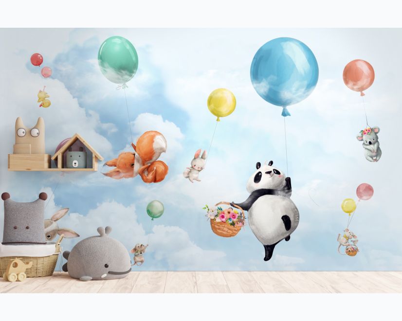Cute Flying Panda & Animals Kids Nursery Wallpaper Mural main product photo