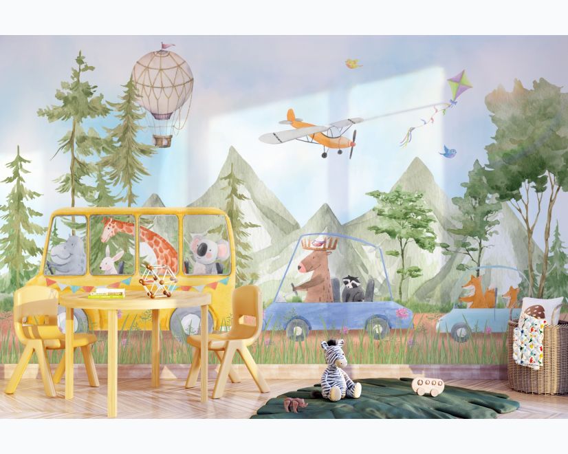 Kids Cute Watercolor Animals in the Bus Wallpaper Mural main product photo