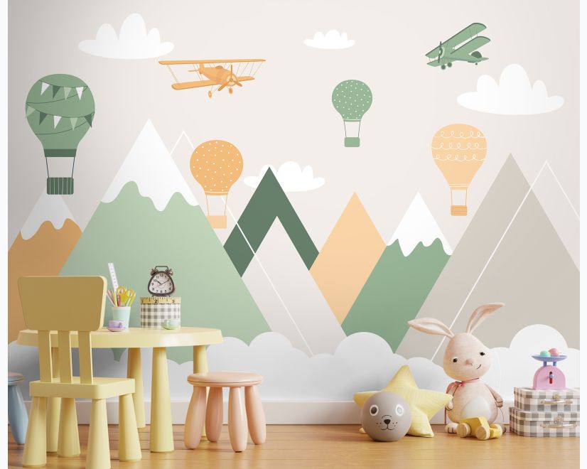Nursery Mountain Landscape with Hot Air Balloons Wallpaper Mural main product photo