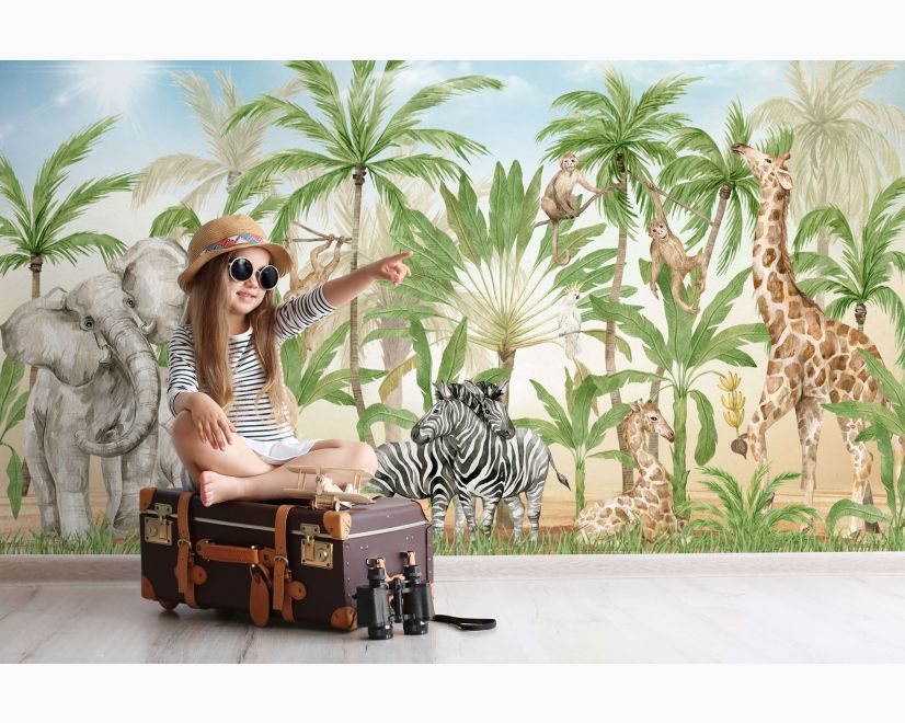 Kids Safari Animals in the Jungle Wallpaper Mural main product photo