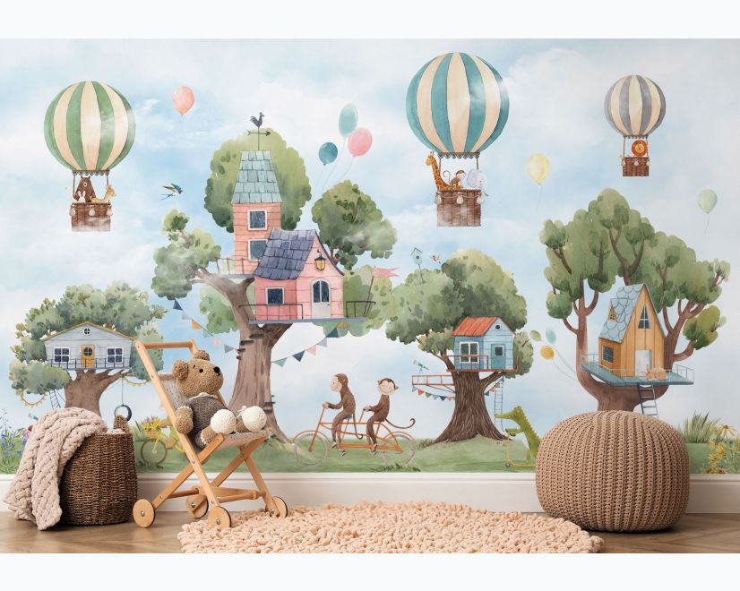 Cute Flying Animals with Treehouse for Kids Nursery Wallpaper Mural main product photo