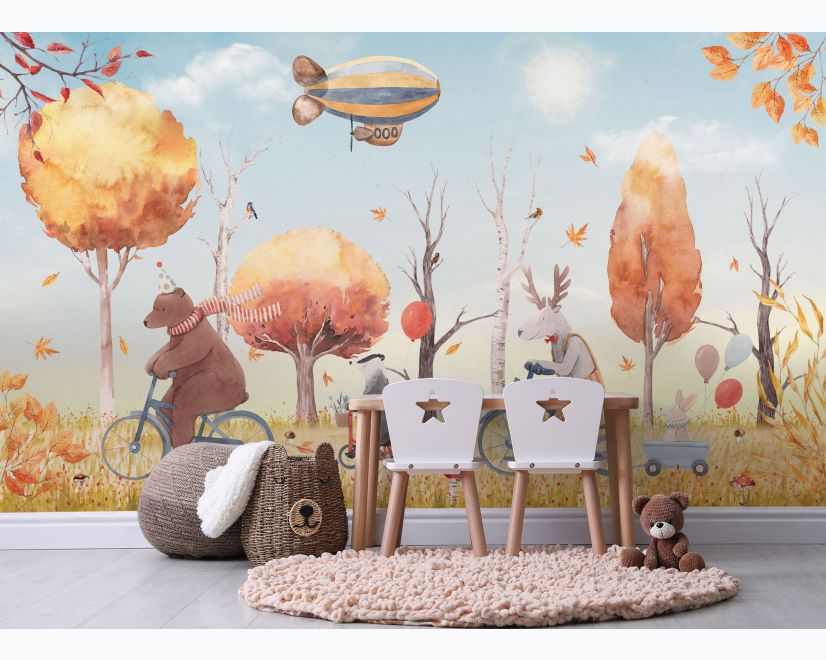 Kids Winter Animals with Zeppelin Wallpaper Mural main product photo