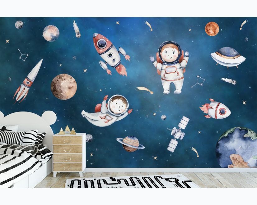 Kids Watercolor Space with Planets Wallpaper Mural main product photo