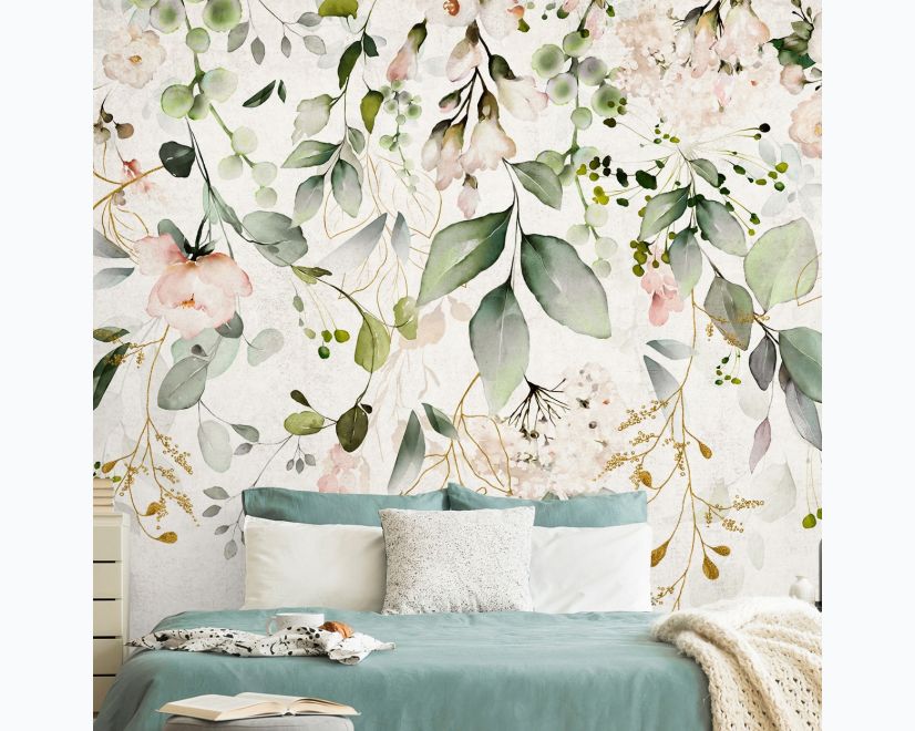 Watercolor Soft Floral with Green Leaves Wall Mural main product photo