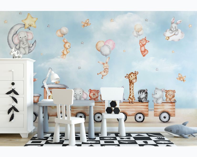 Cute Kids Animals on Train Wallpaper Mural main product photo