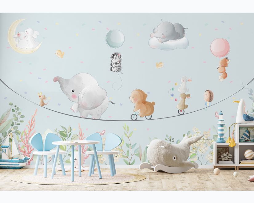 Cute Flying Animals with Funny Circus Wallpaper Mural main product photo